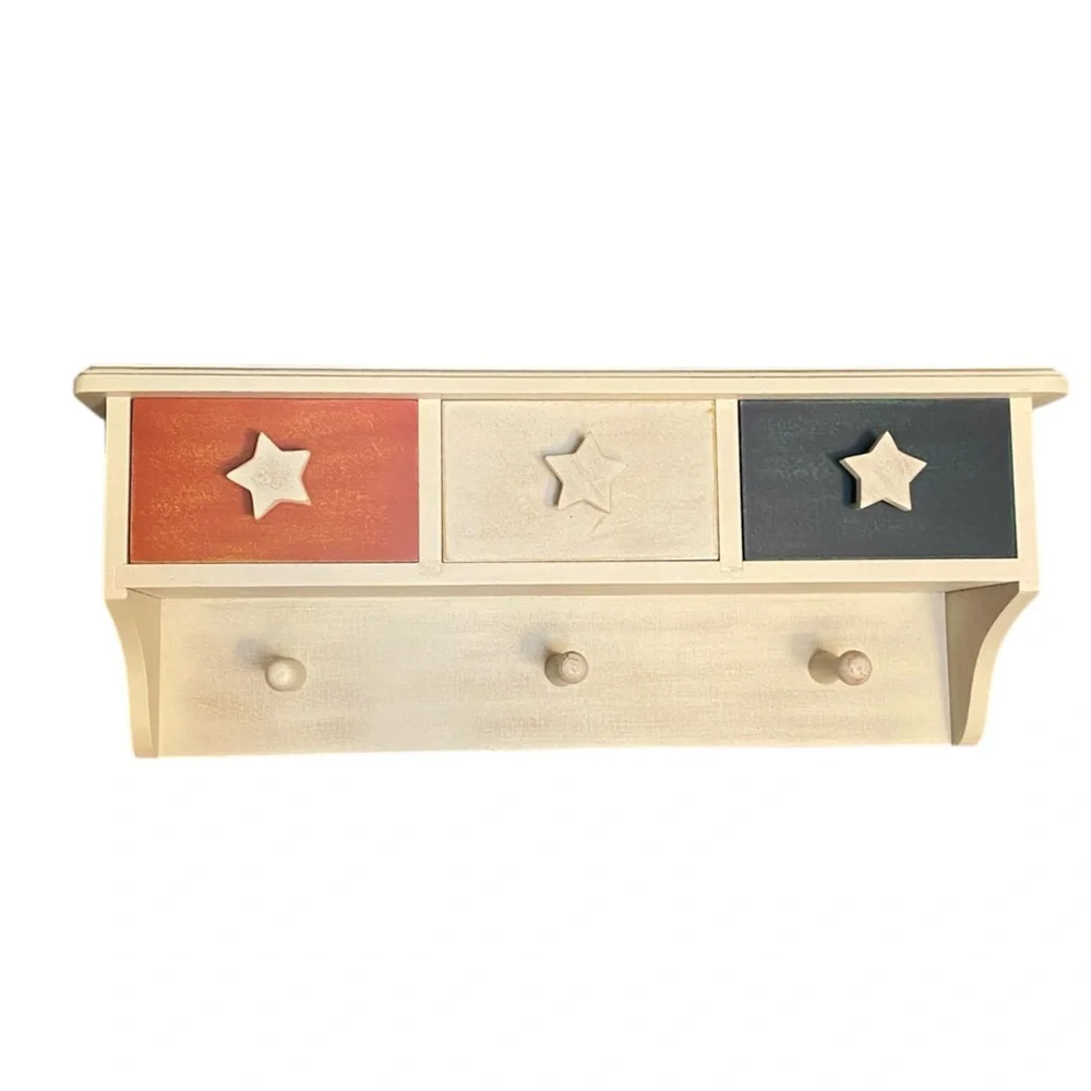 Shelf, three drawers, hooks